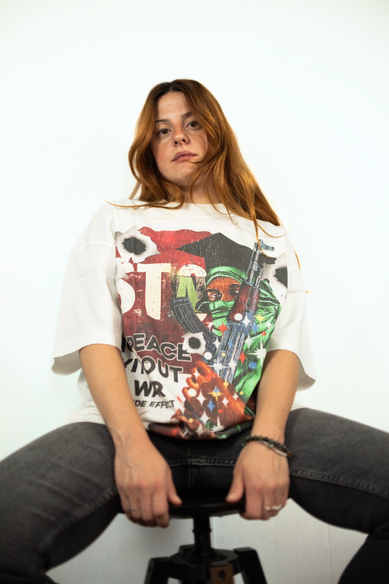 SIDE EFFECT distressed red print oversized white tee, street culture fashion for bold and revolutionary style lovers