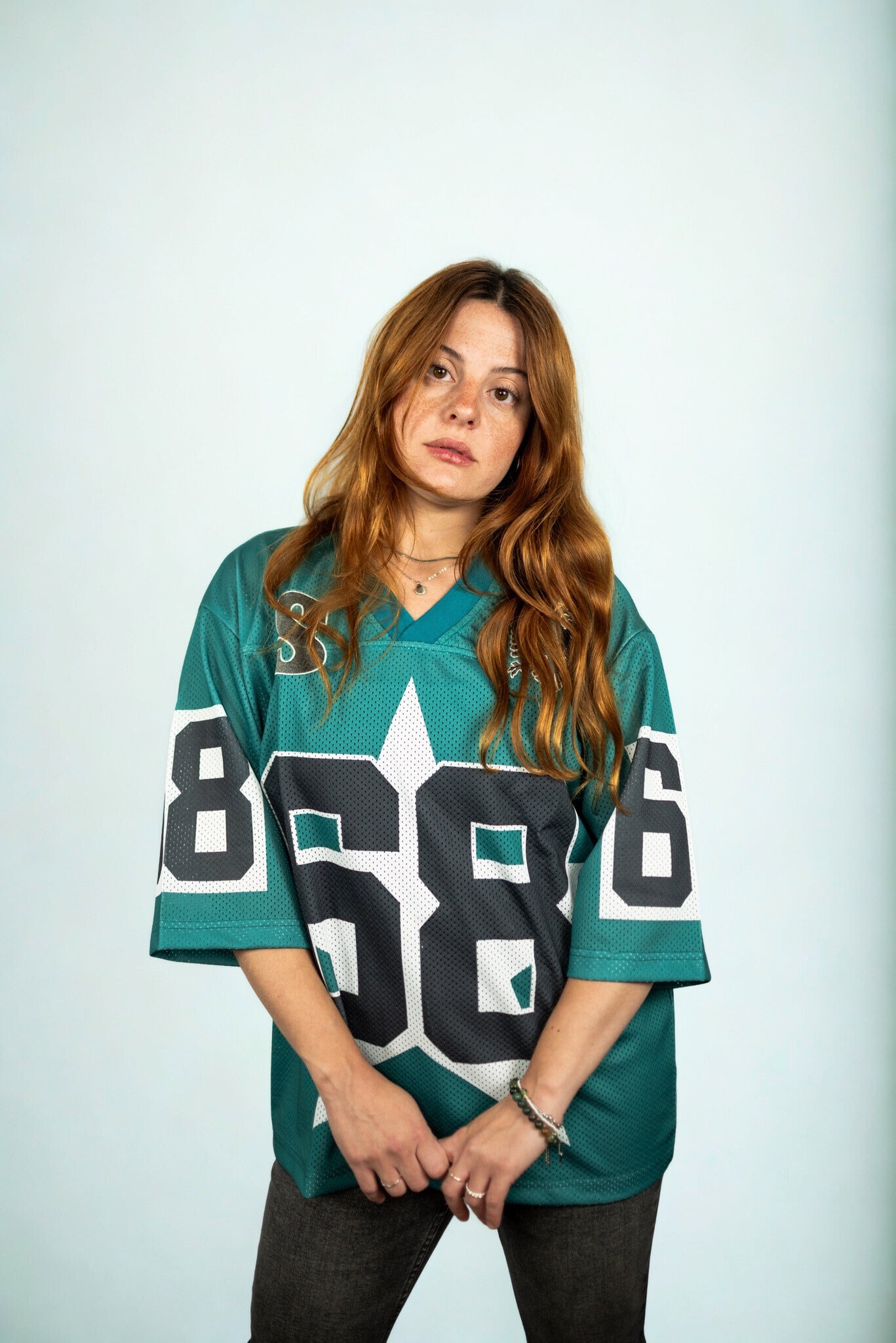SIDE EFFECT teal mesh sports jersey with number 68 and eagle crest, oversized streetwear for movement and rebellion culture