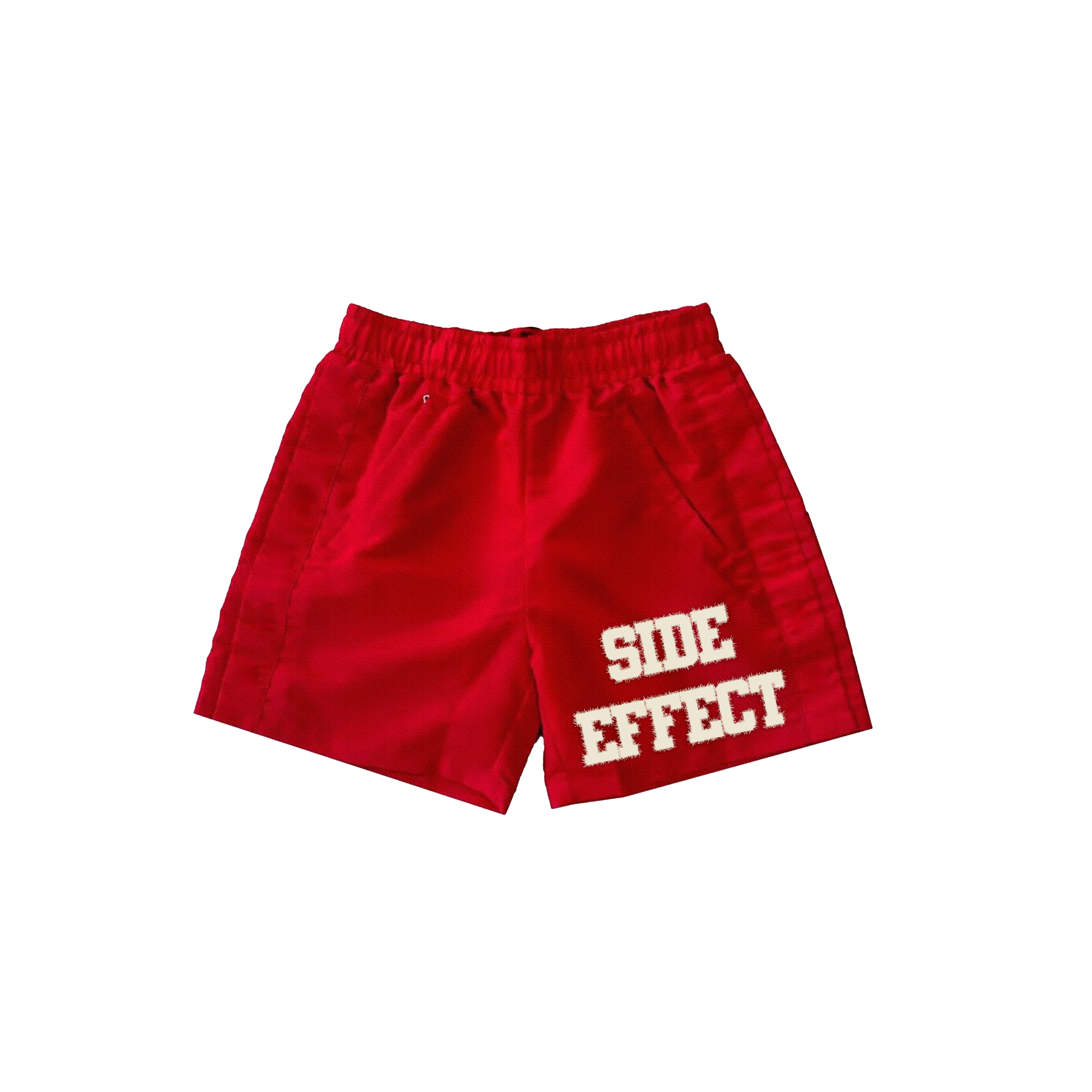 SIDE EFFECT Distressed Logo Shorts – Red