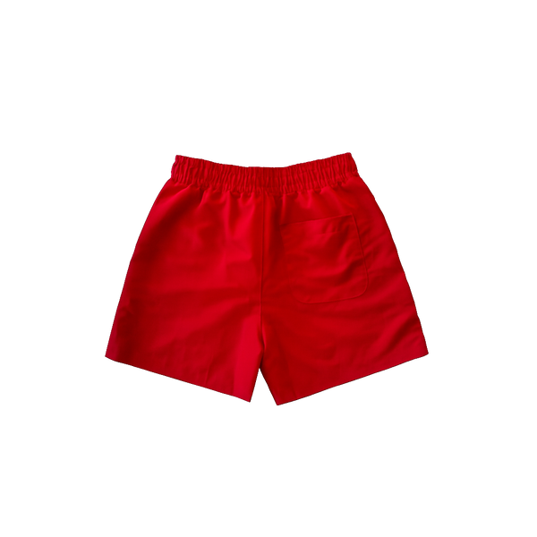 SIDE EFFECT Distressed Logo Shorts – Red
