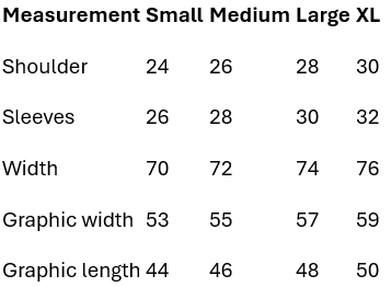 Underground Visions Tee size chart